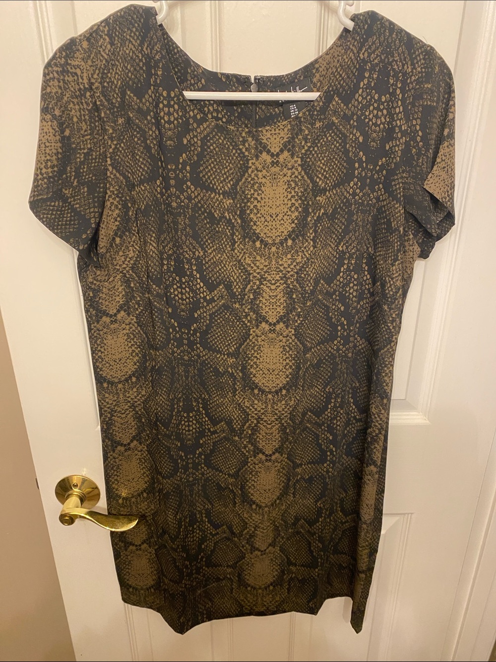 Nicole Miller Olive Green and Black Snake Print Midi Dress